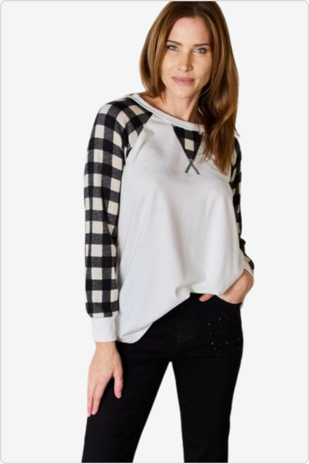 Trendy Plaid Raglan Sleeve Blouse for Any Occasion