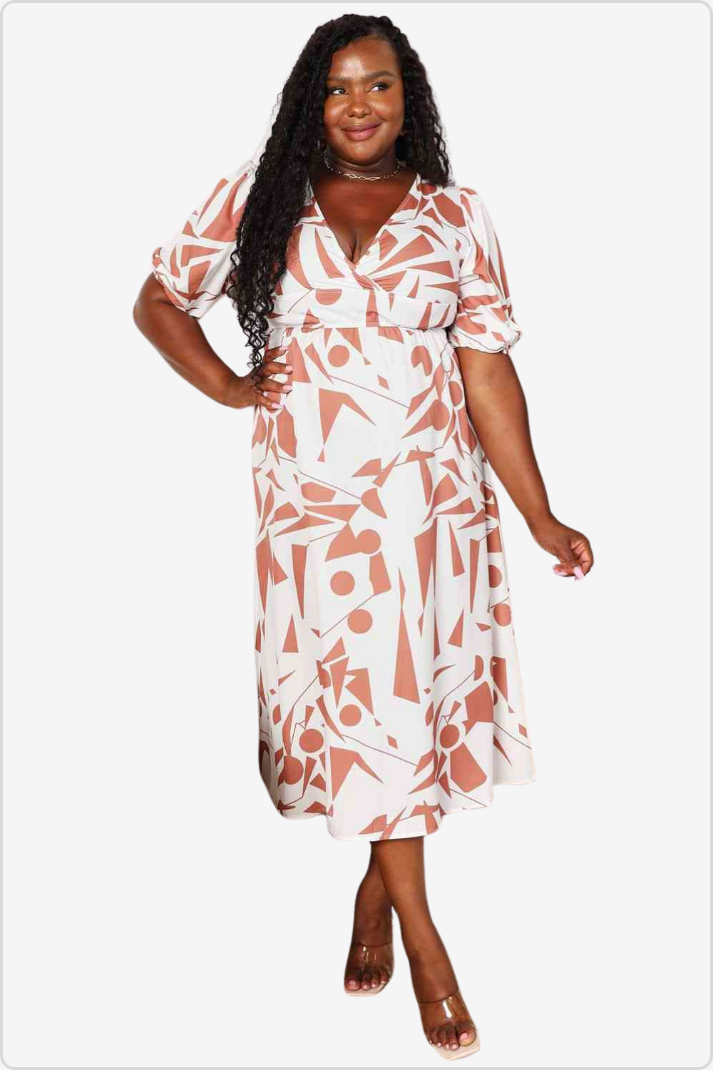 Fashionable Printed Midi Dress with Surplice Neckline and Balloon Sleeves