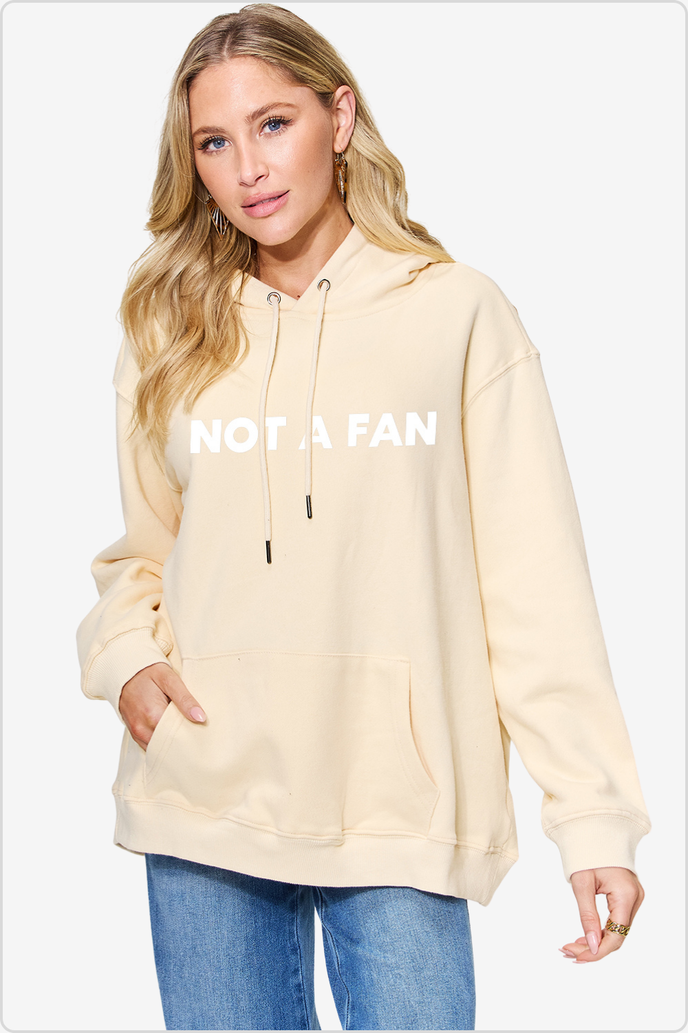 Casual 'NOT A FAN' graphic drawstring hoodie, front view