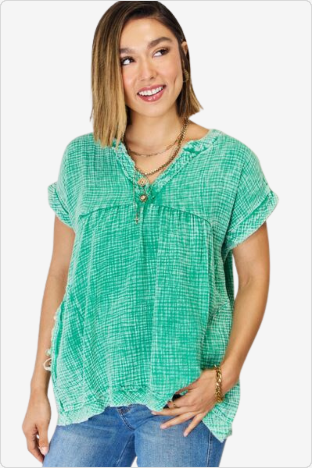 Trendy Washed Raw Hem Blouse with Pockets on Model