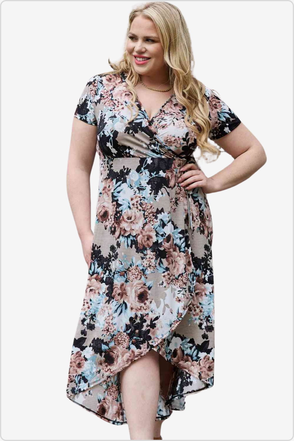 Chic Floral Print Wrap Dress with Tie Waist Front View