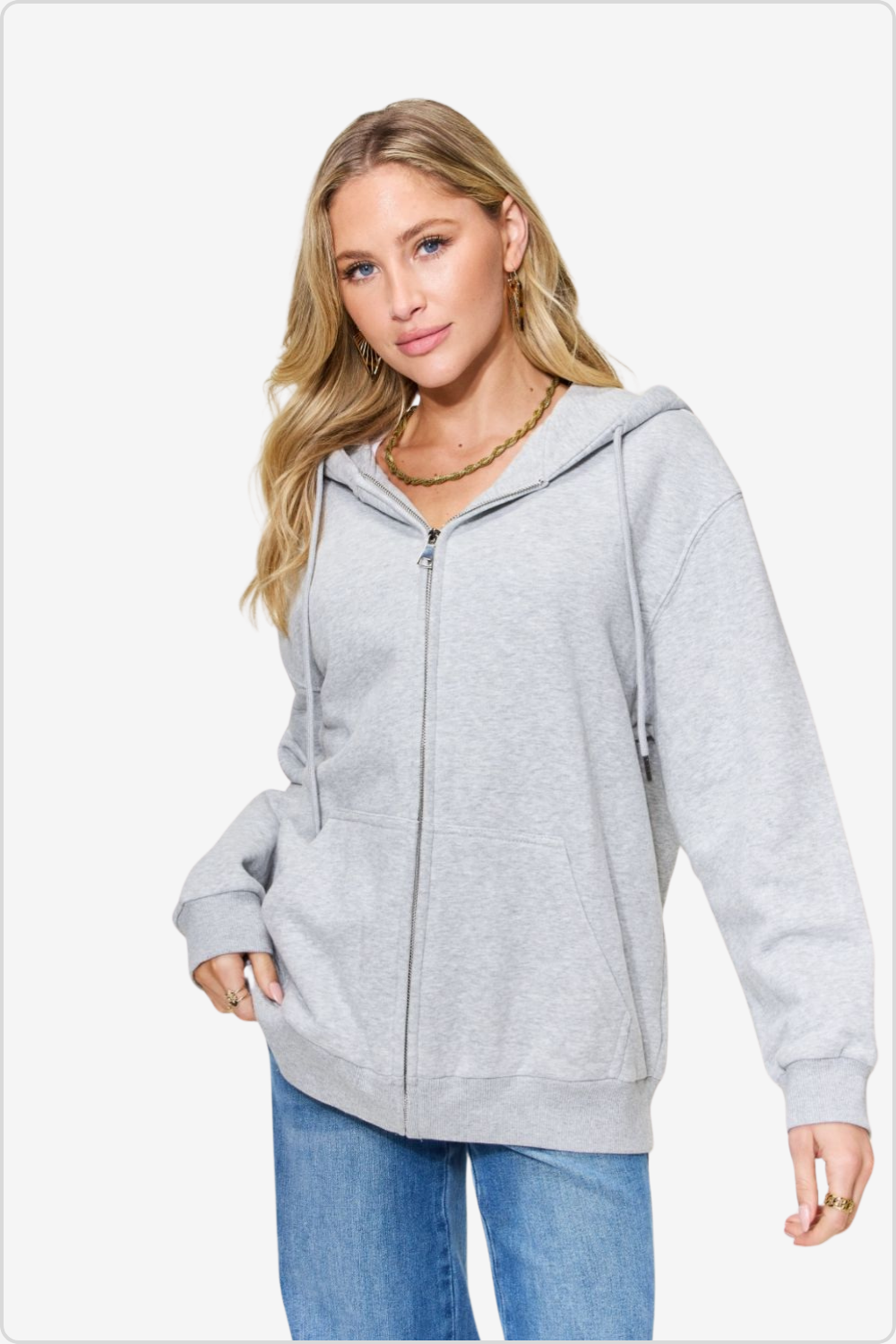 Relaxed 'NOT IN THE MOOD' graphic zip-up hoodie with pockets, front view