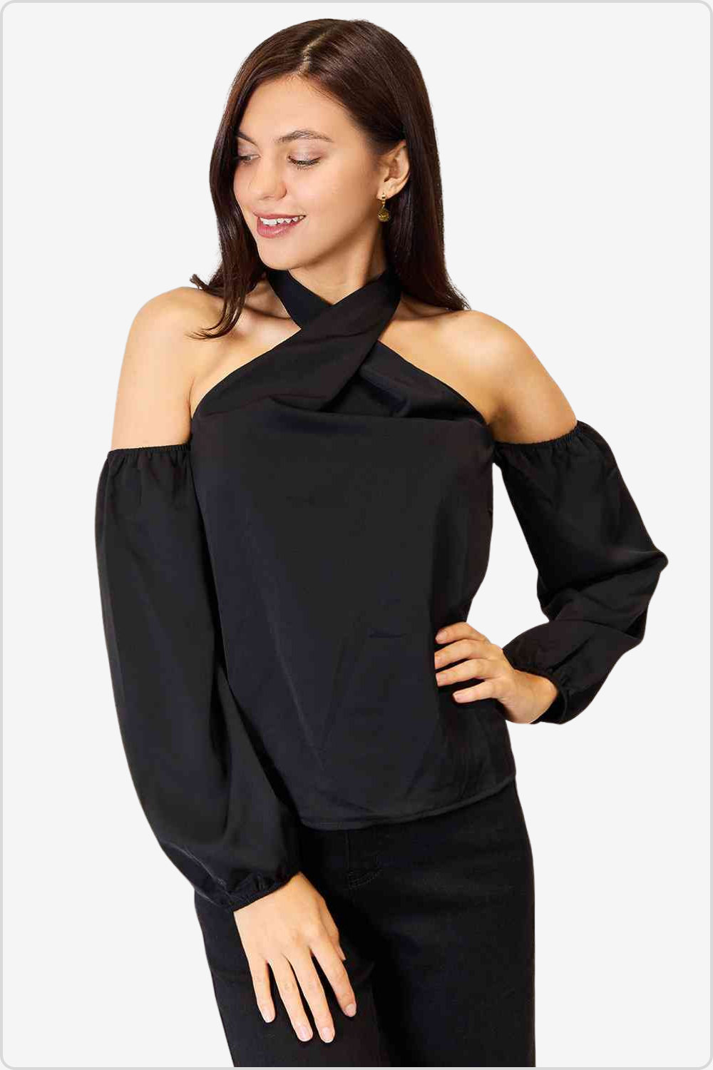 Model Showcasing Sophisticated Long-Sleeved Cold-Shoulder Grecian Blouse