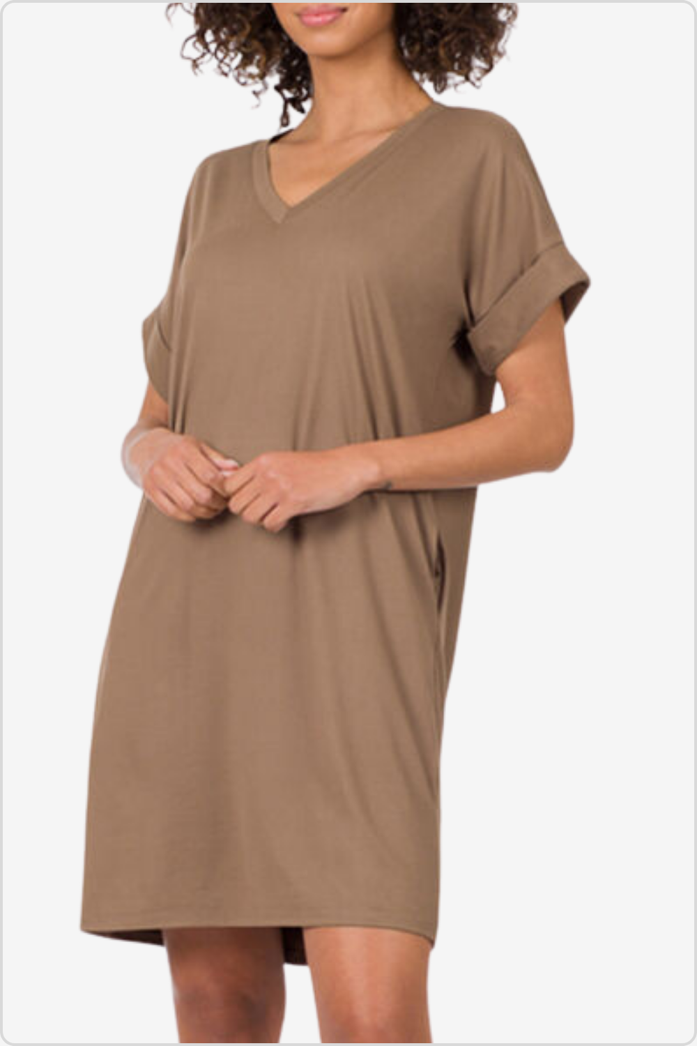 Fashion-forward model in Rolled Sleeve V-Neck Dress, front view.