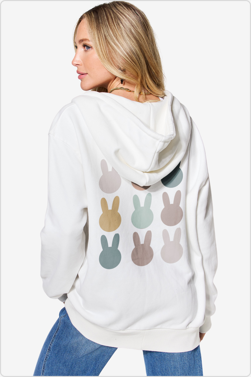 Rear view of the Easter Bunny zip-up hoodie, emphasizing the length and pockets