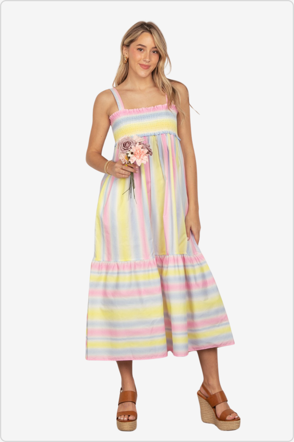 Stylish striped smocked midi cami dress, perfect for summer