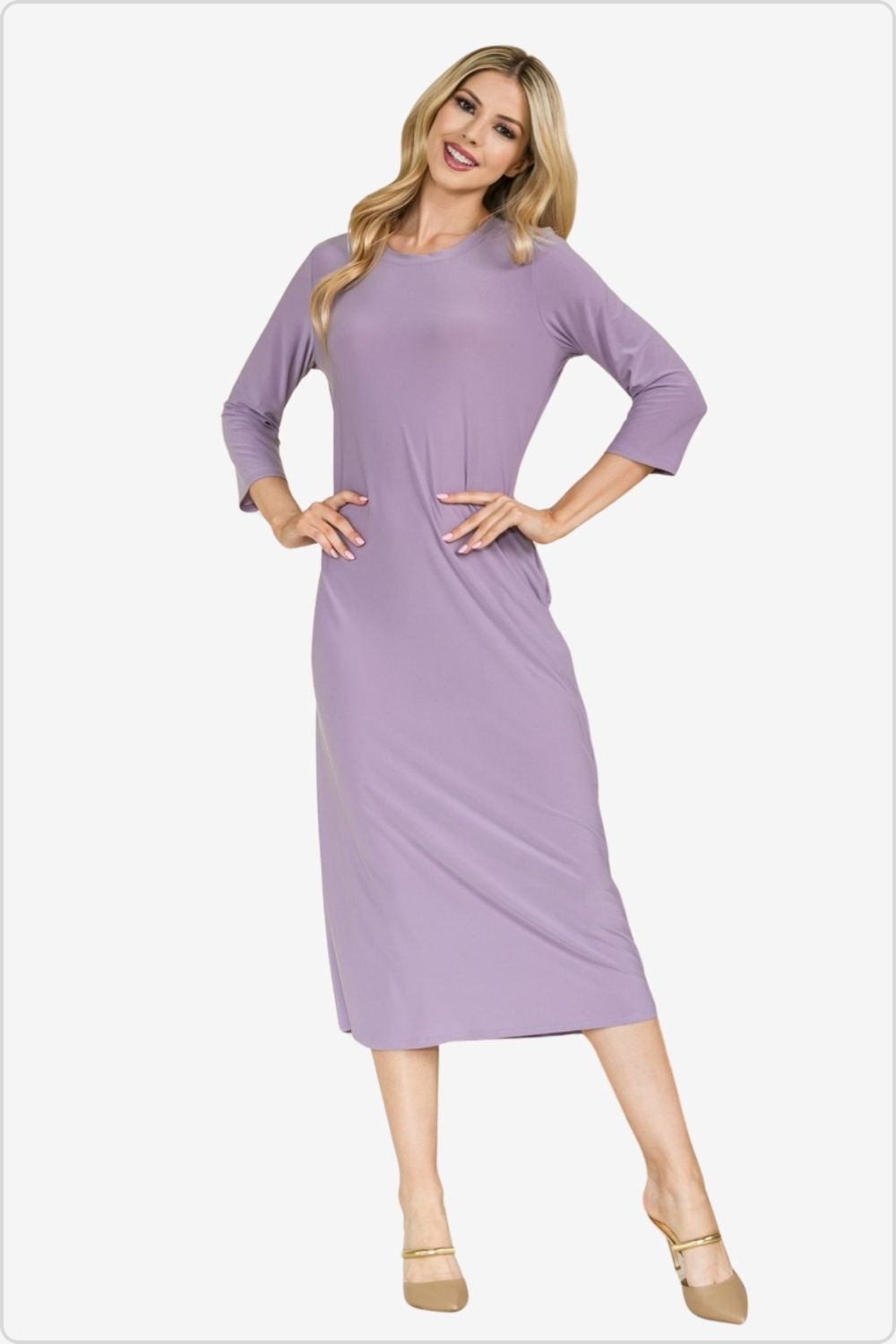 Sophisticated round neck midi dress, front view
