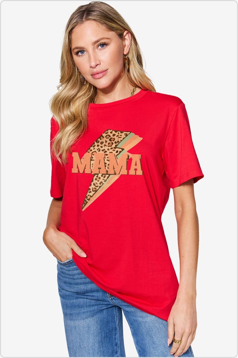 Stylish MAMA Graphic Cotton T-Shirt Front View, Red.