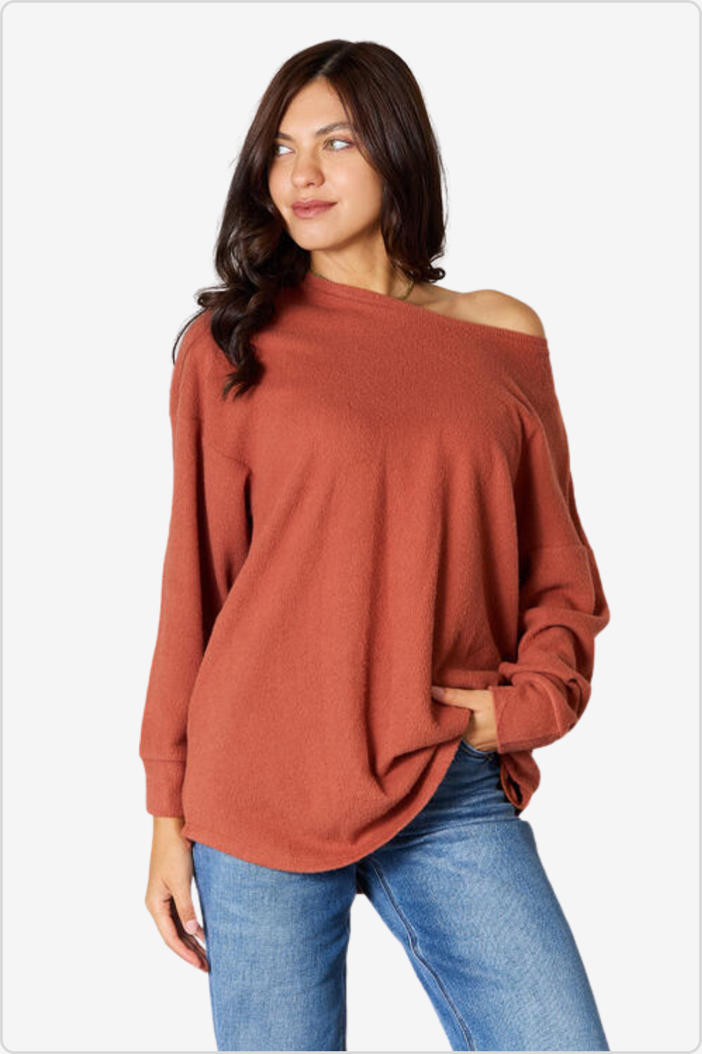 Model in Luxurious Soft Brushed Relaxed Fit Sleeve Blouse