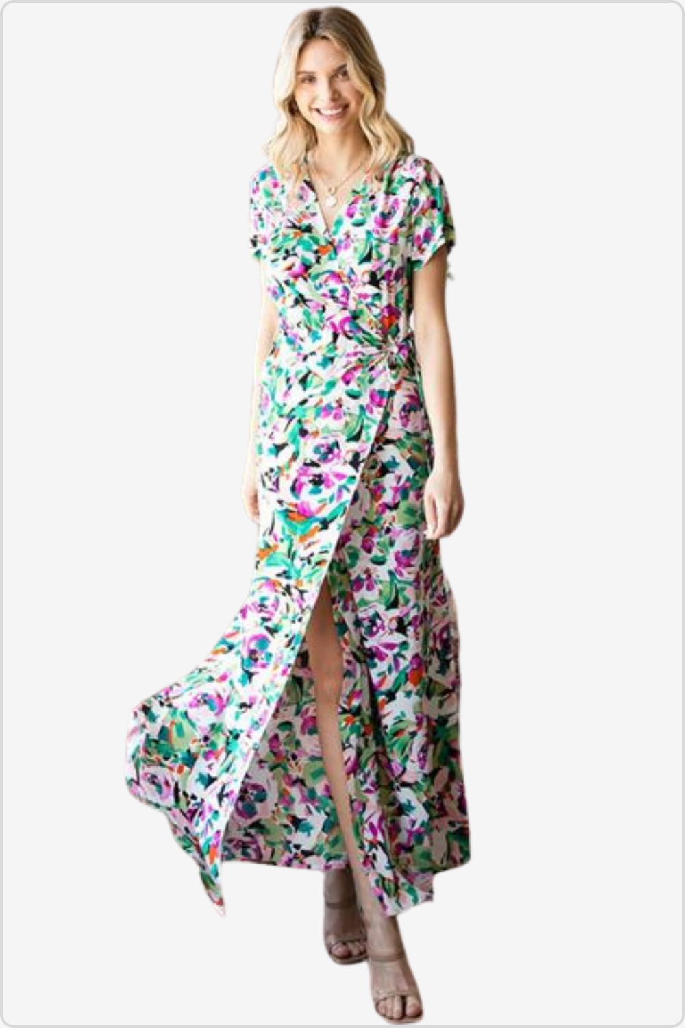Trendy Surplice Tie Waist Dress with Slit Front View