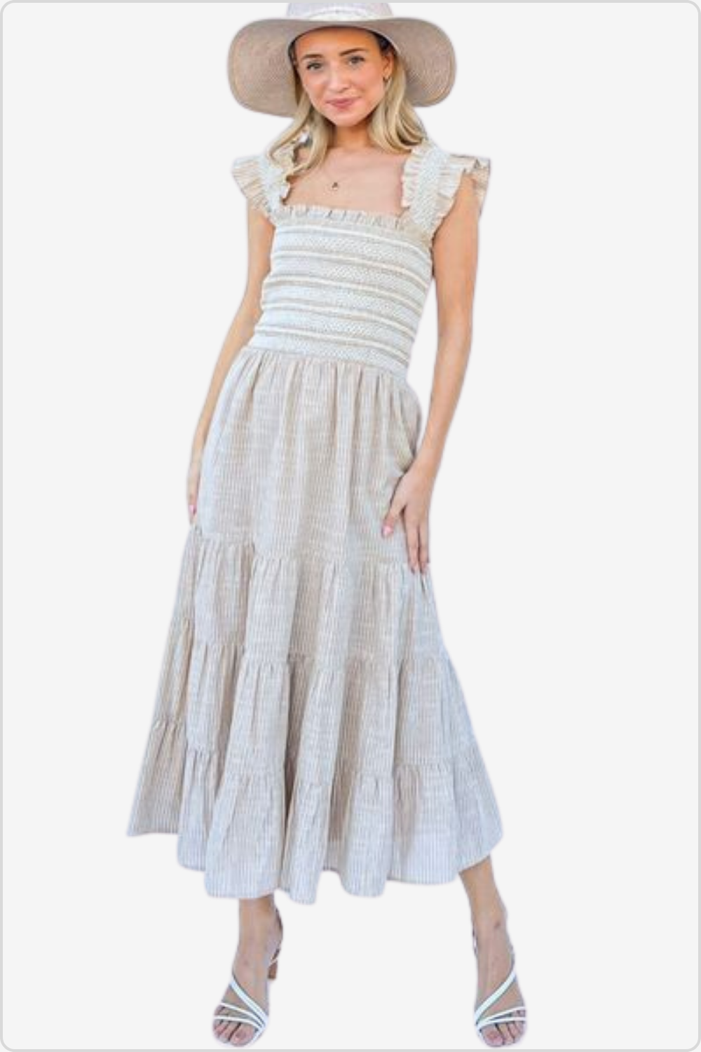 Elegant model in Striped Linen Ruffle Dress, showcasing front design.