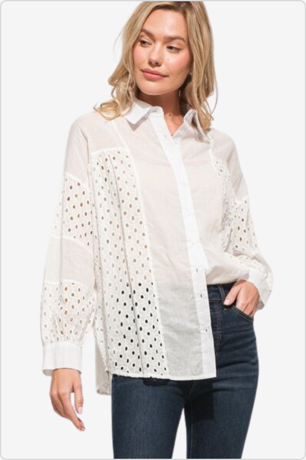 Model wearing the chic Eyelet Long Sleeve Button Down Shirt, front view