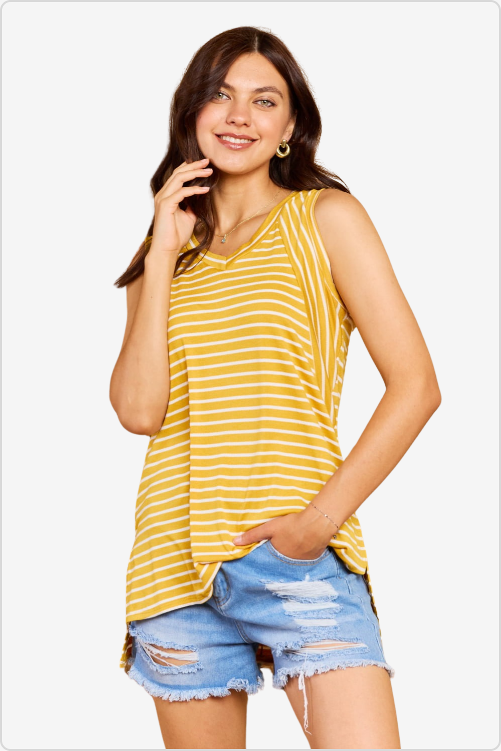 Elegant striped V-neck sleeveless top, perfect for versatile styling.