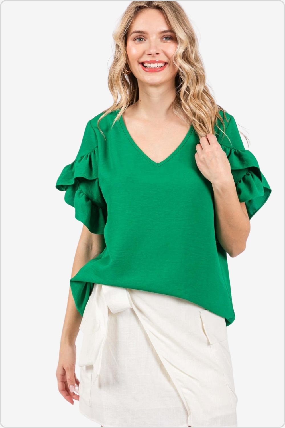 Chic Ruffled Short Sleeve V-Neck Blouse, perfect for upgrading any outfit