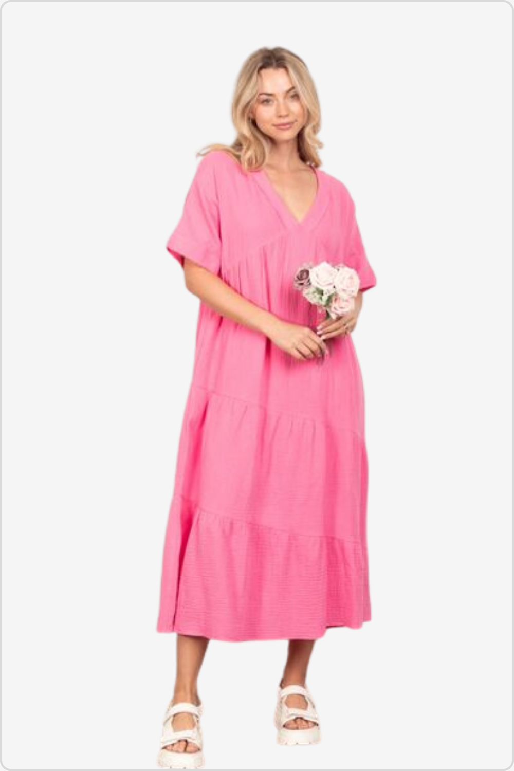 Chic Woman in Breezy Soft Crinkle Gauze Midi Dress for Summer