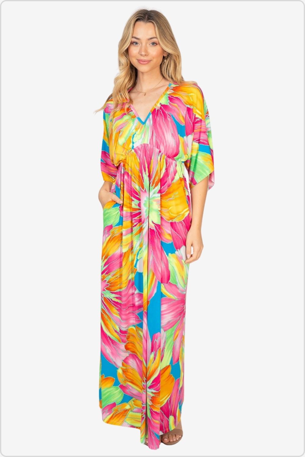 Elegant Printed V-Neck Maxi Dress Front View with Pockets.