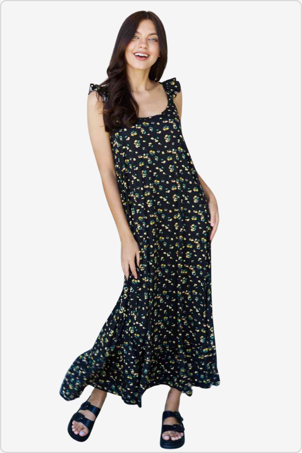 Elegant Floral Maxi Dress with Ruffle Straps