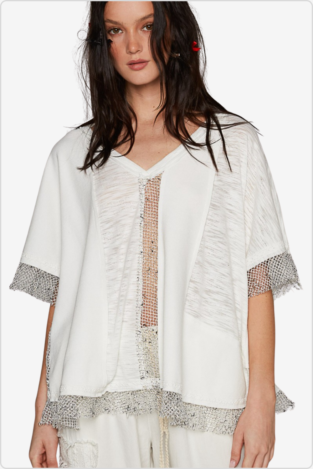 Chic Openwork V-Neck Half Sleeve Top with intricate sleeve detailing, front view