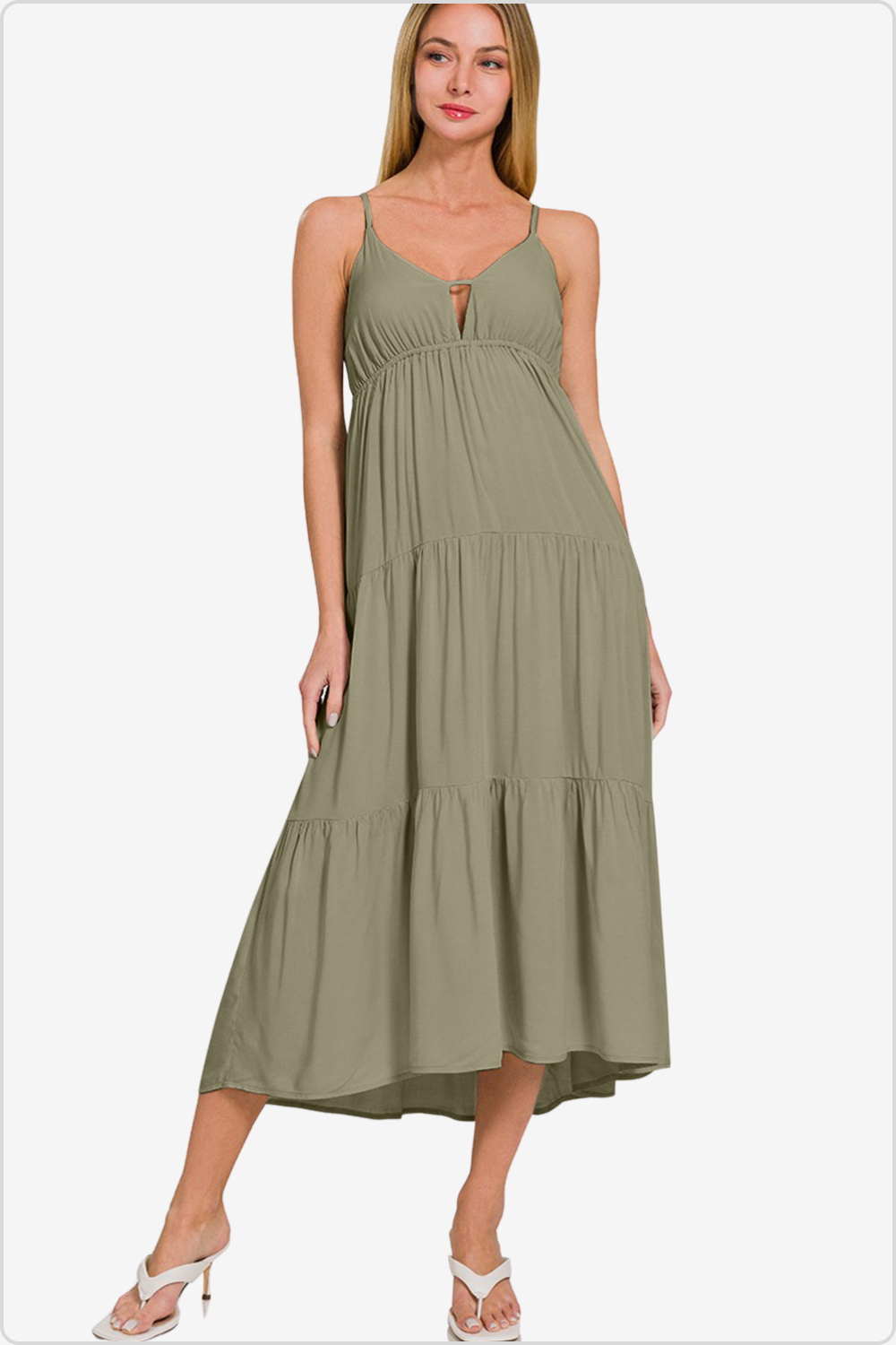 Stylish woven tiered cami midi dress, perfect for various occasions, front view