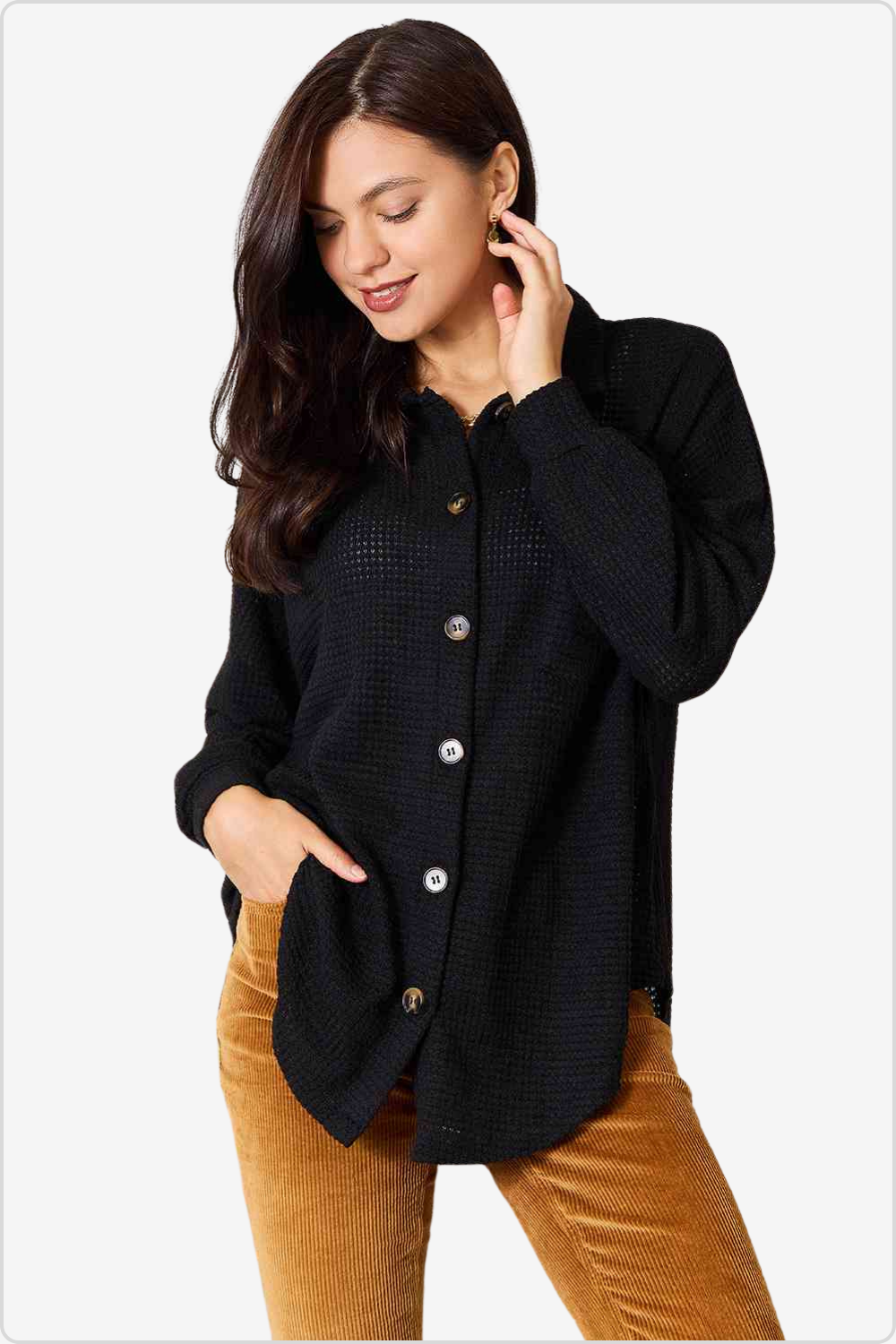 Model wearing chic Waffle-Knit Collared Neck Shirt, front view.