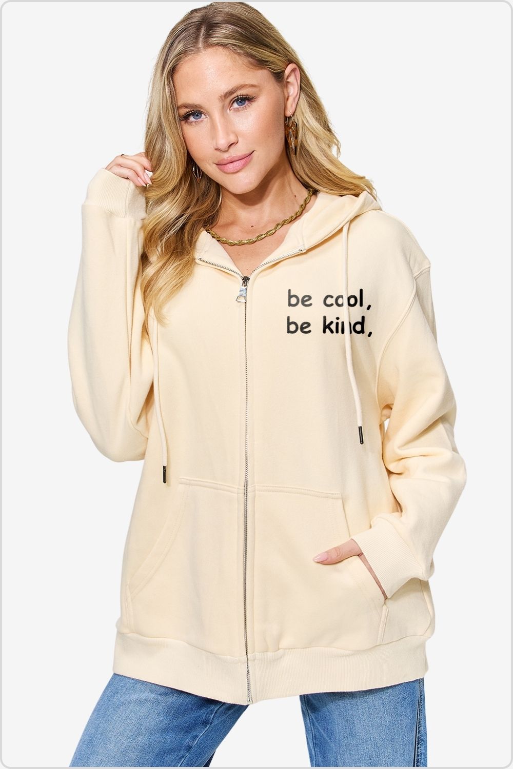 Stylish Letter Graphic Zip-Up Hoodie Front View, Sand