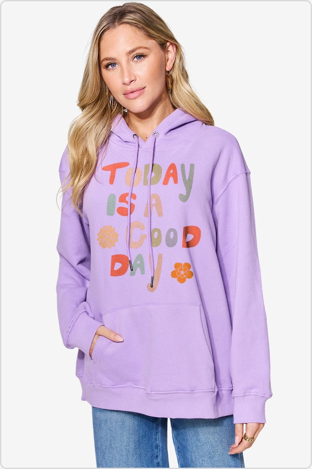 Casual Letter Graphic Cotton Hoodie Front View, Lavender.