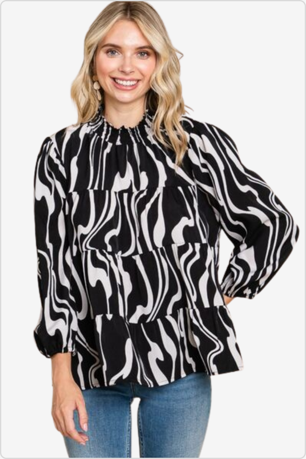 Trendy Printed Smock Neck Tiered Blouse in Vibrant Colors