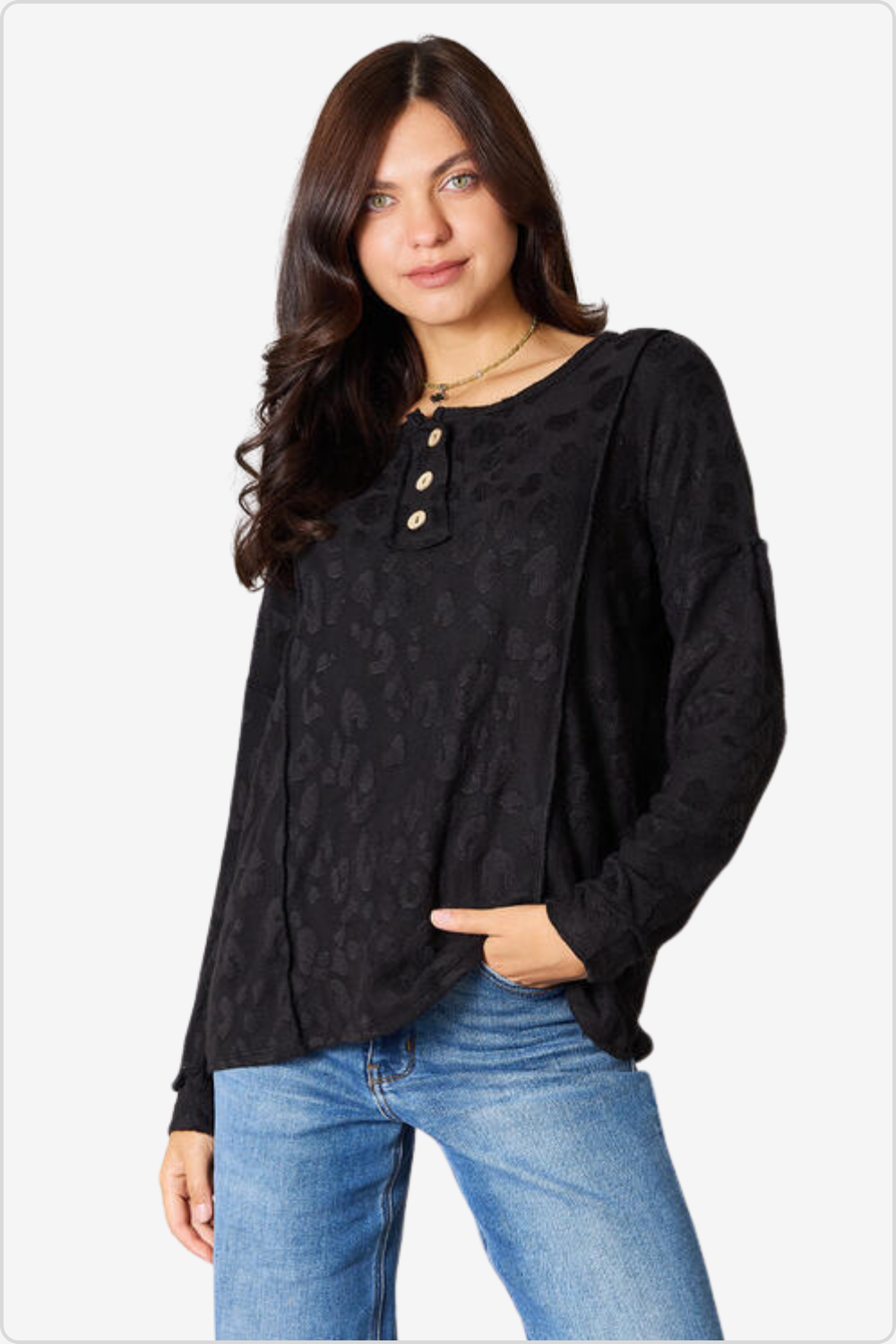 Stylish Model in Elegant Button Front Blouse with Cozy Feel