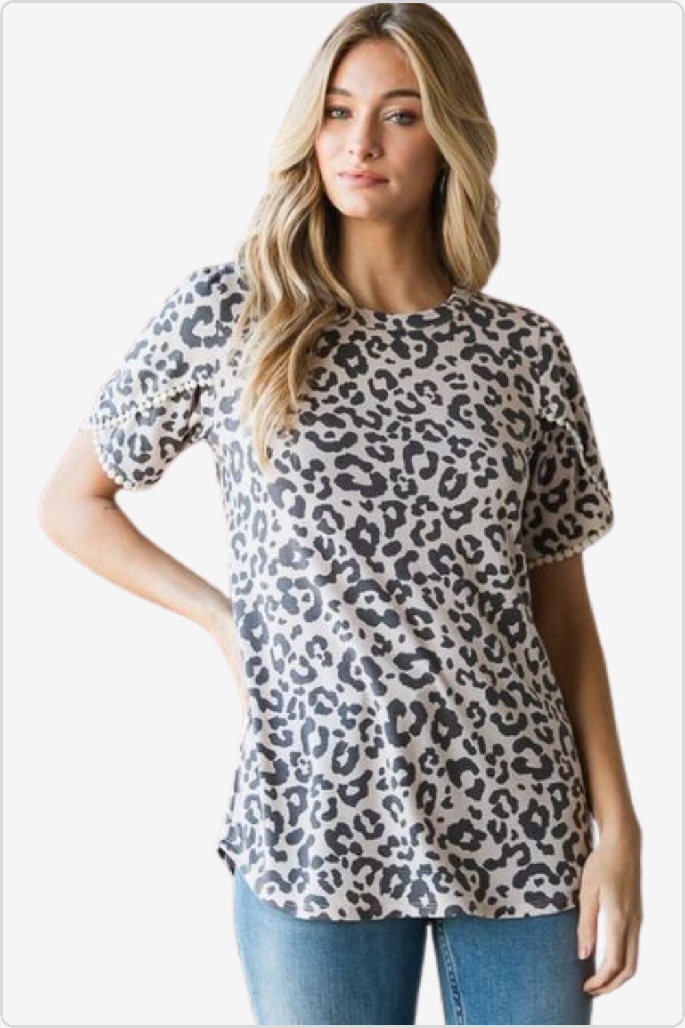 Full View of Leopard Round Neck T-Shirt on Model