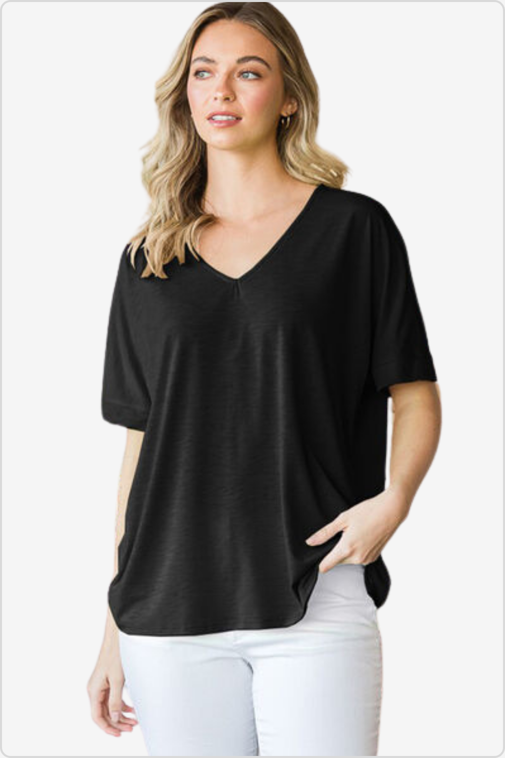Fashionable model in Classic V-Neck Short Sleeve Tee, front view.