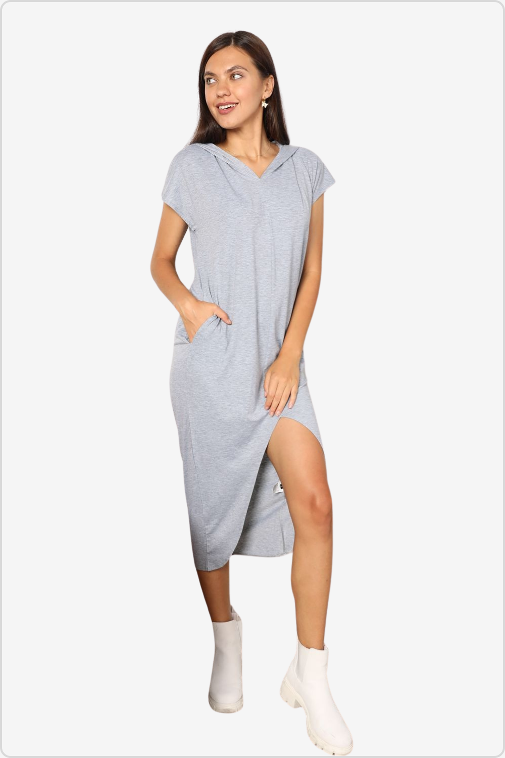 Trendy casual hooded dress with front slit and pockets