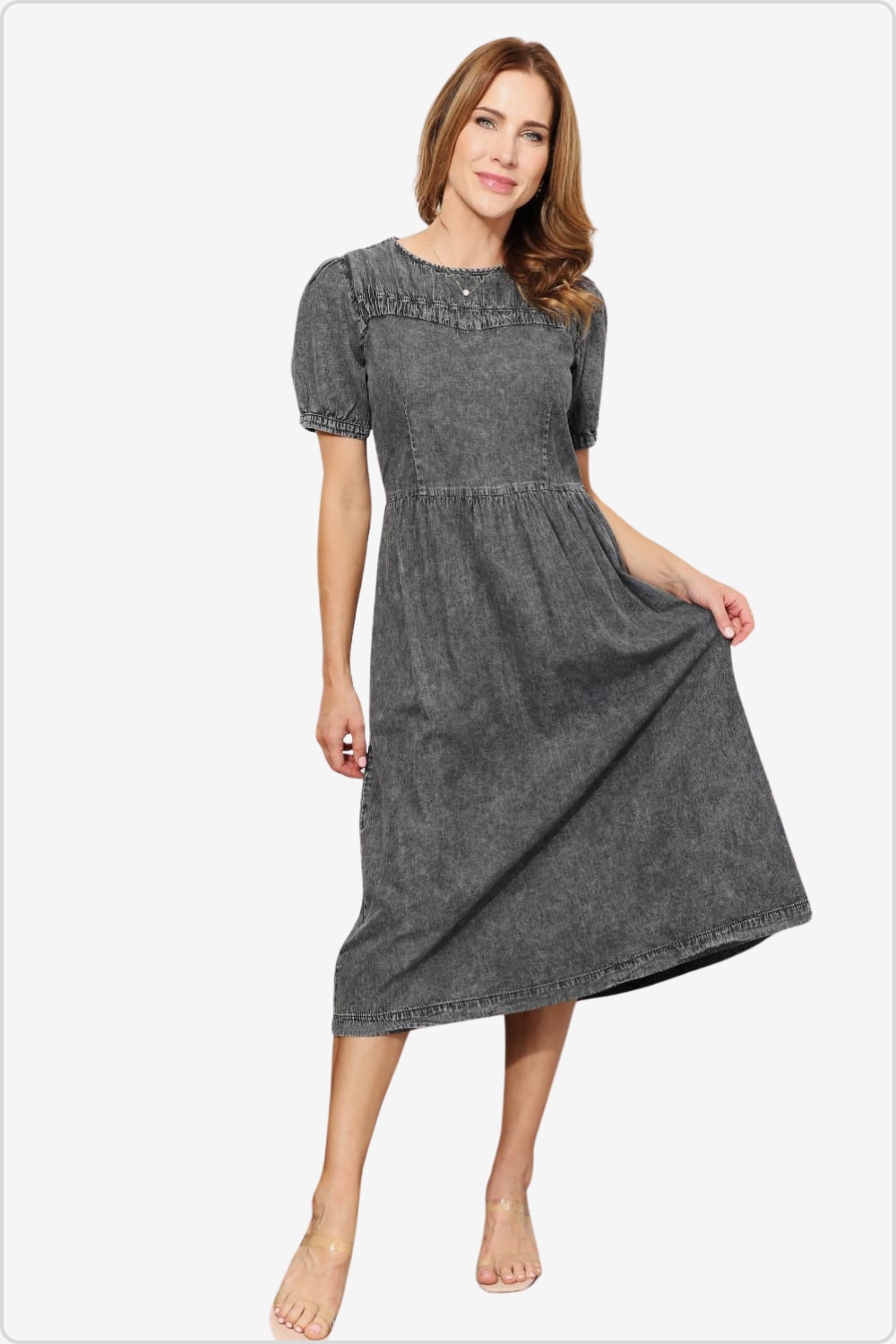 Casual chic Chambray Midi Dress with button-down front and belt, front view