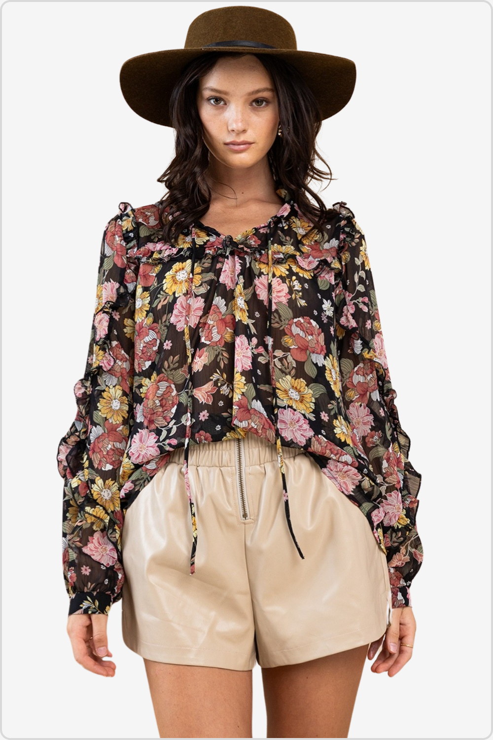 Elegant long sleeve floral blouse with ruffle trim, perfect for any occasion