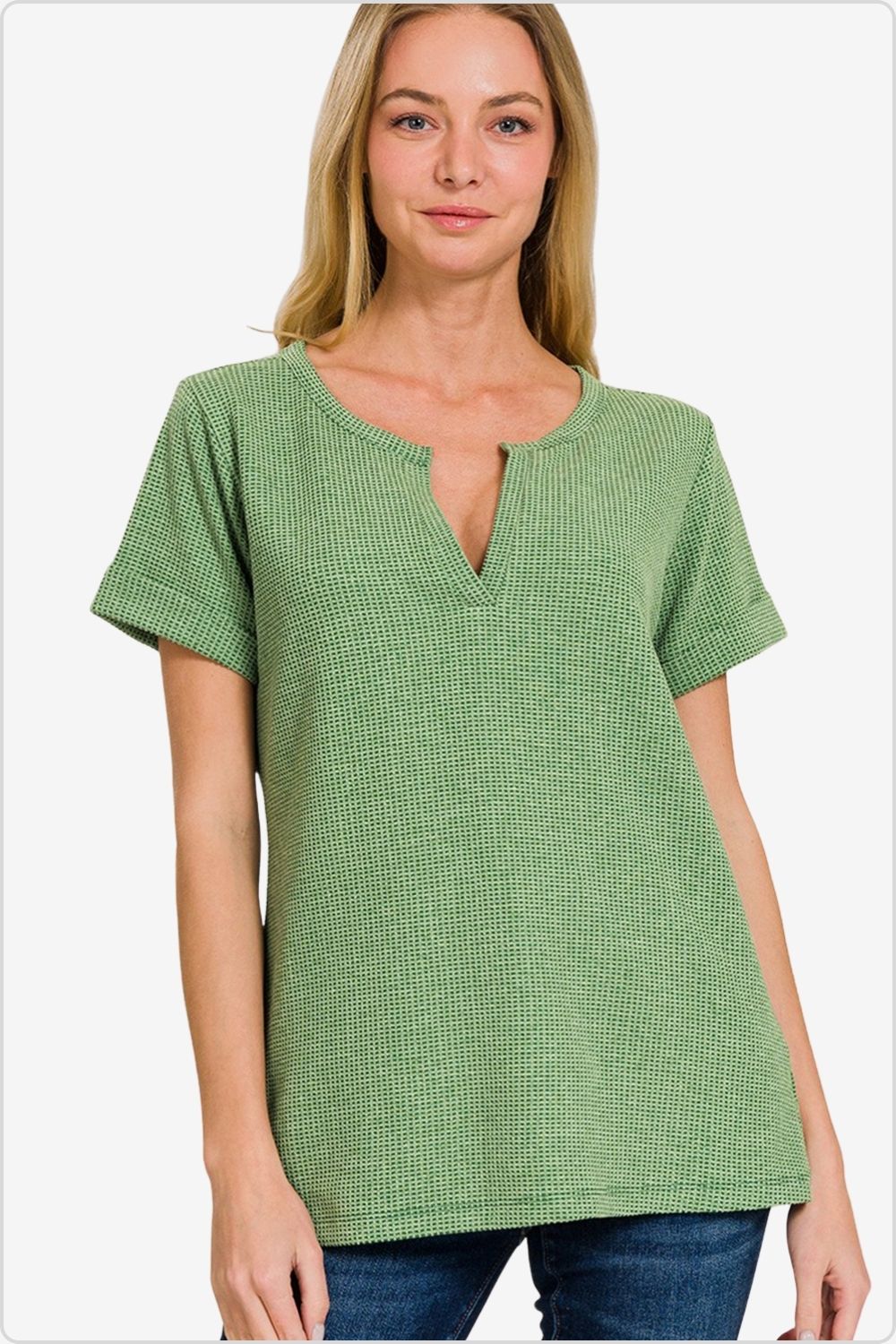Stylish waffle notched short sleeve t-shirt in casual chic style