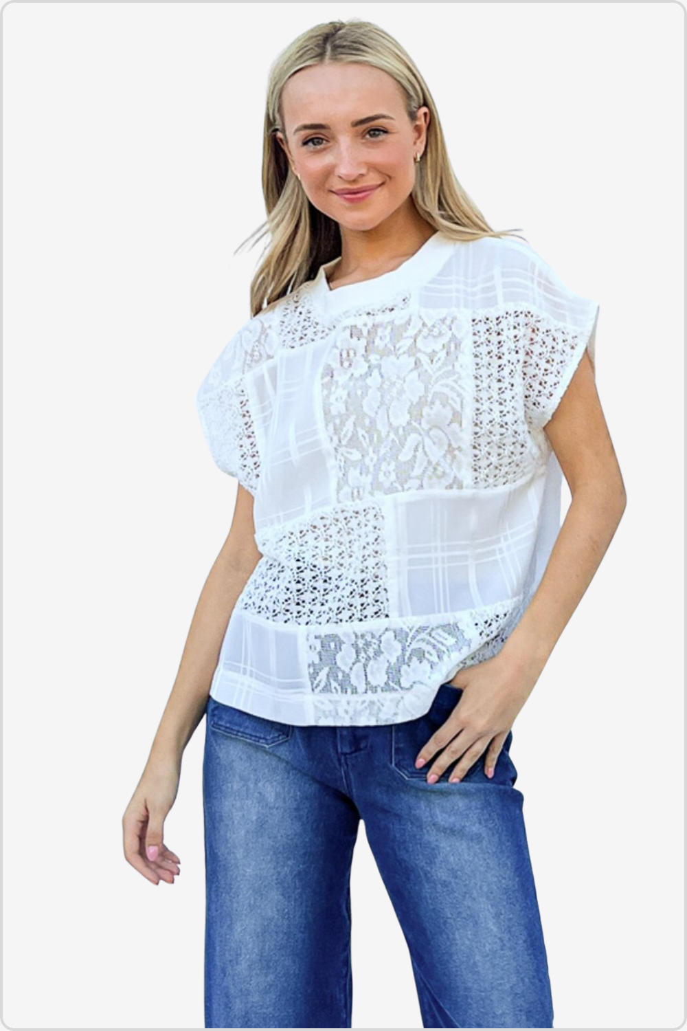 Chic lace patchwork top with cami set, showcasing delicate eyelet details
