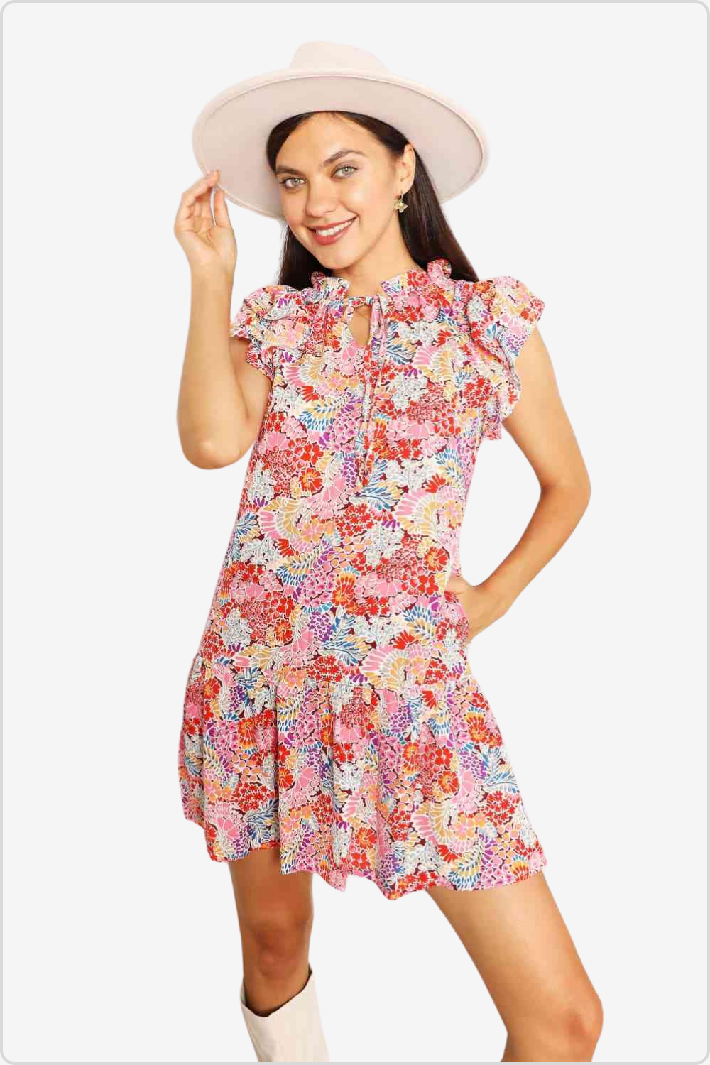 Model Showcasing Elegant Floral Tie-Neck Mini Dress
