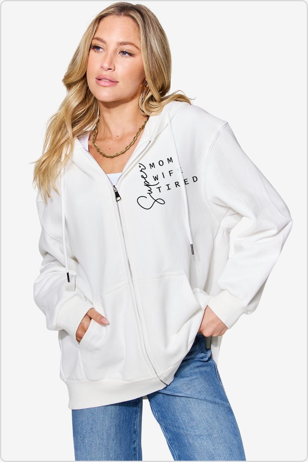 Chic letter graphic long sleeve hoodie, perfect for casual style, White.