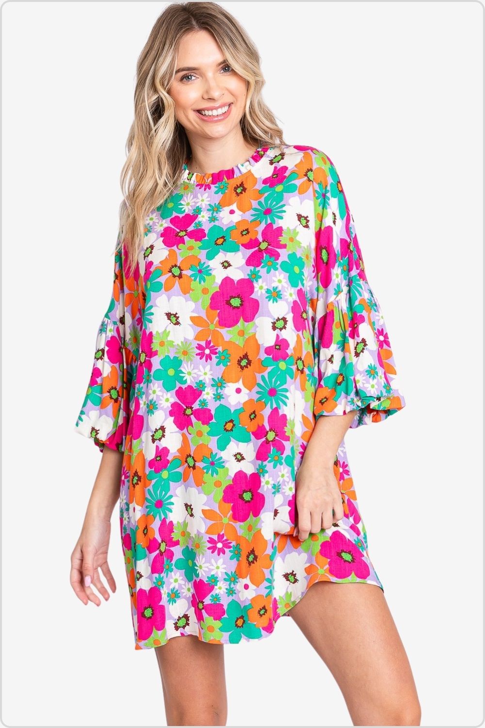 Elegant Floral Mini Dress with Lantern Sleeves Front View.