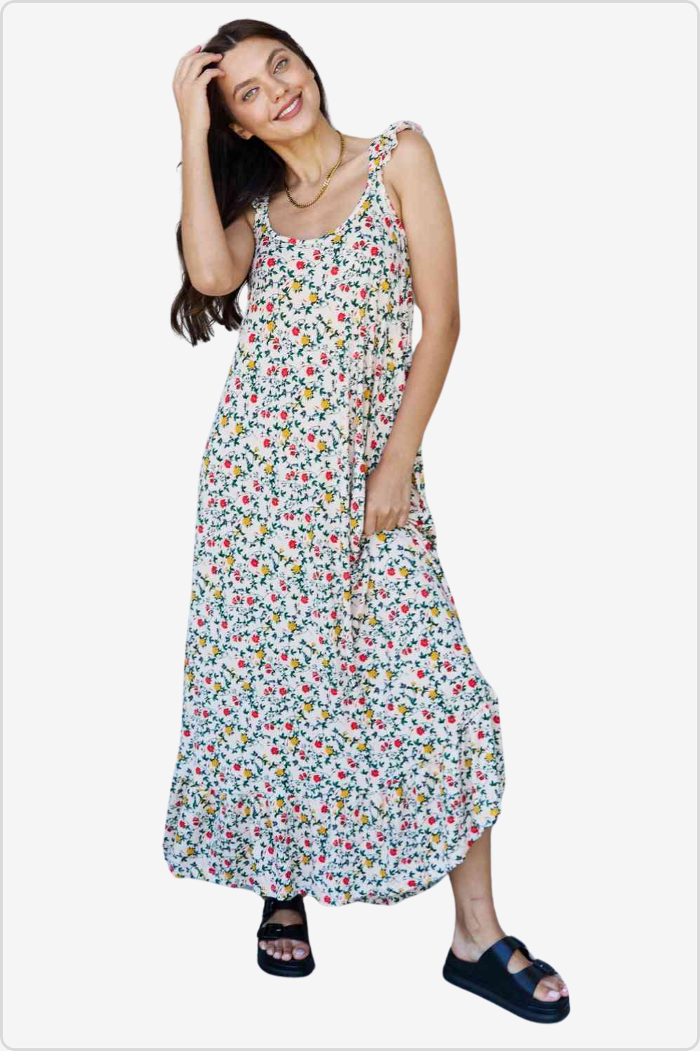 Chic Floral Maxi Dress with Ruffle Straps Front View