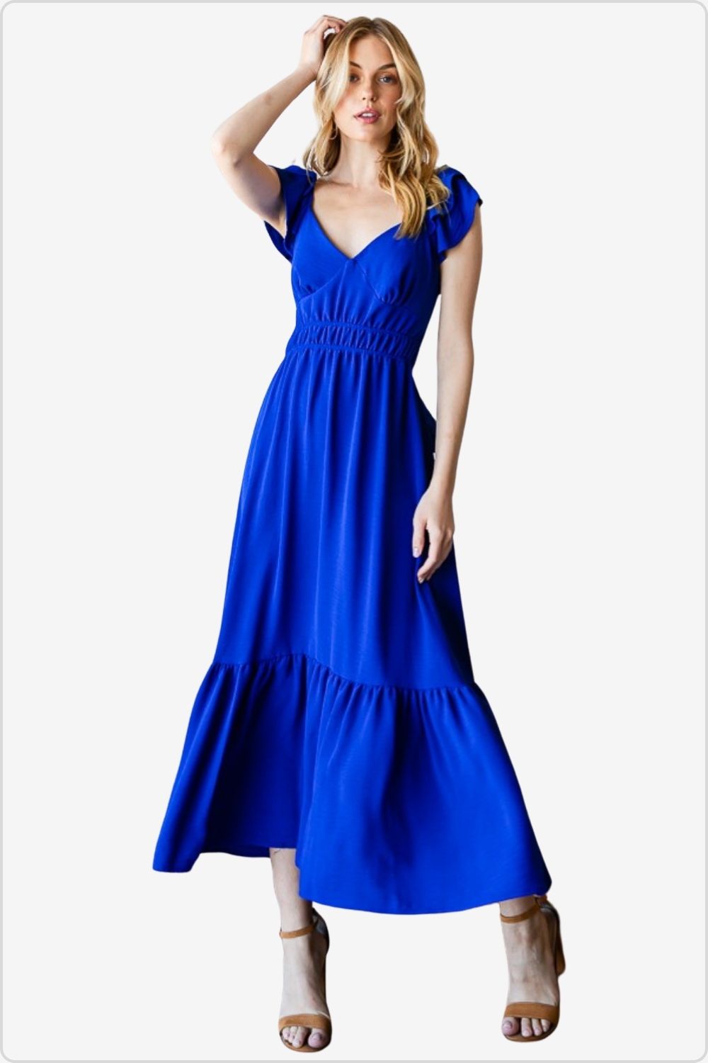 Elegant sleeveless ruffled midi dress with tie back detail, front view