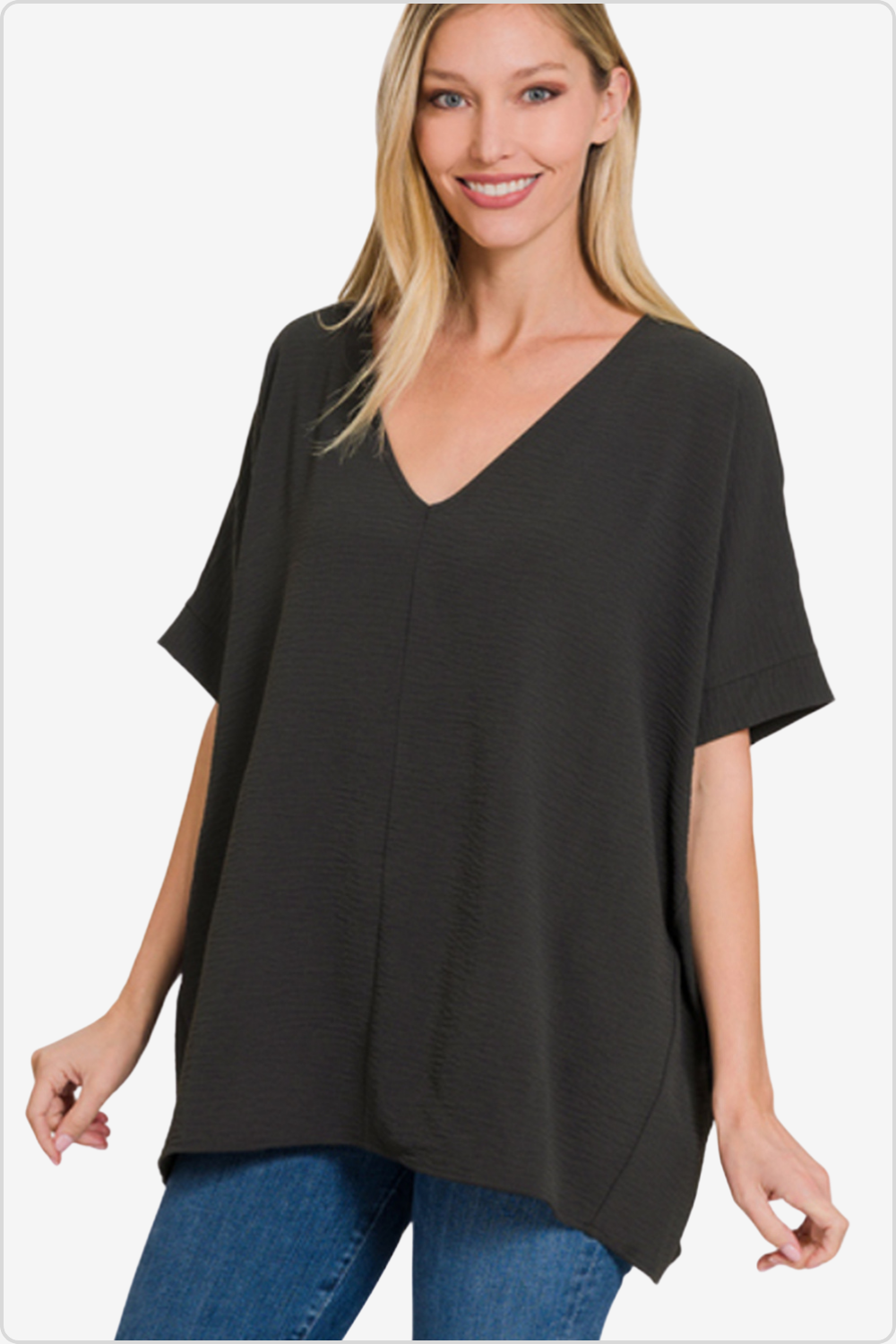 Classic V-neck short sleeve top, a versatile addition to any wardrobe, front view
