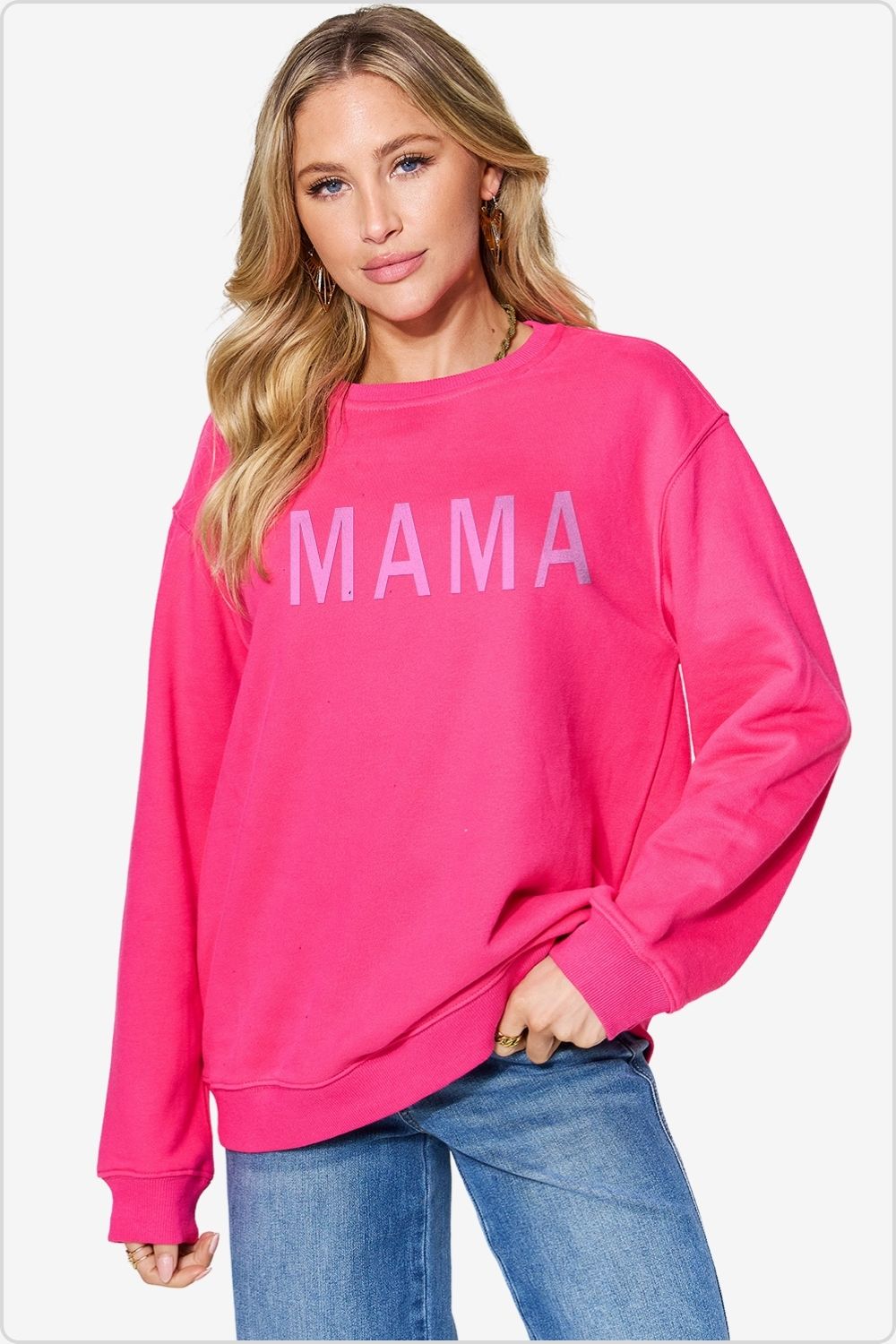 Stylish MAMA long sleeve sweatshirt, cozy and proud, Hot Pink.