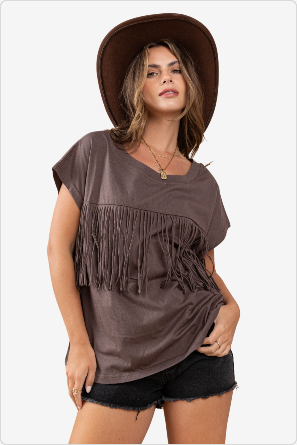 Chic fringe detail round neck short sleeve top, perfect for any look, front view