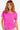 Cheerful woman modeling a vibrant pink short-sleeved cable knit top, Color Fuchsia