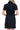 Back view of black denim dress featuring pockets and tailored fit.