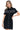 Black denim dress with fringe embellishments and button details, front view.