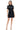 Model wearing embellished black denim dress showcasing its fitted A-line silhouette.