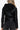 Back view of a black faux leather jacket with a cozy hood and tailored stitching.