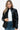 Close-up of black faux leather zip-up puffer jacket on model.