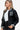 Side view of a women's black varsity bomber jacket with PU leather finish and bold striped cuffs.